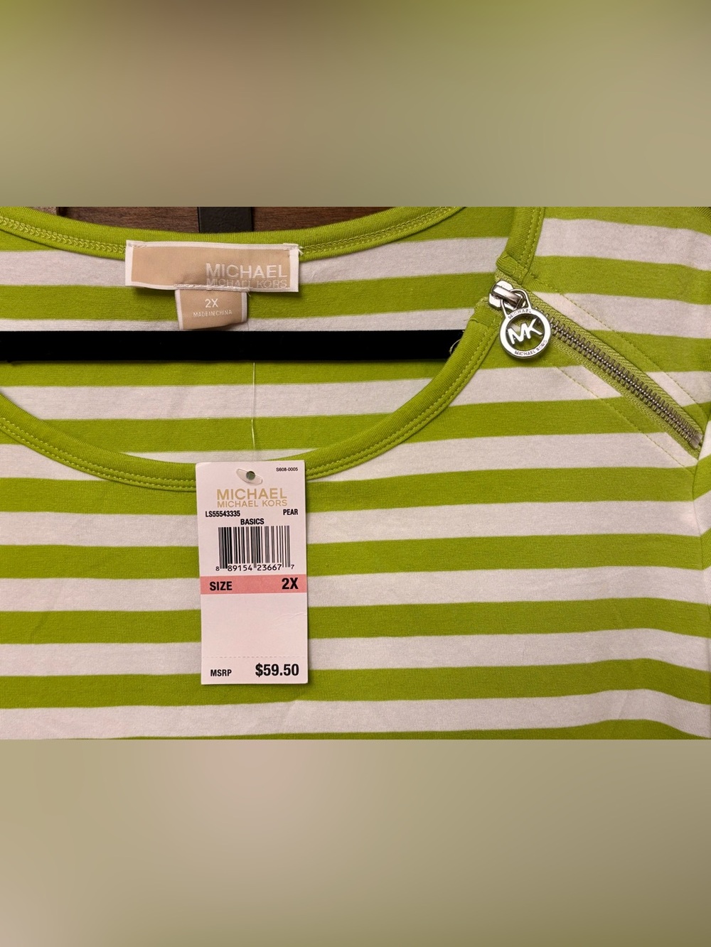 NWT MICHAEL KORS Green and White Striped Short-Sleeve Tee with Zip Detail - Picture 3 of 10